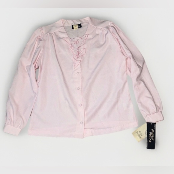 Vintage Blouse Floral Appliqué Women's Size 14 Pink Long Sleeve Button Shirt Top - Picture 1 of 9